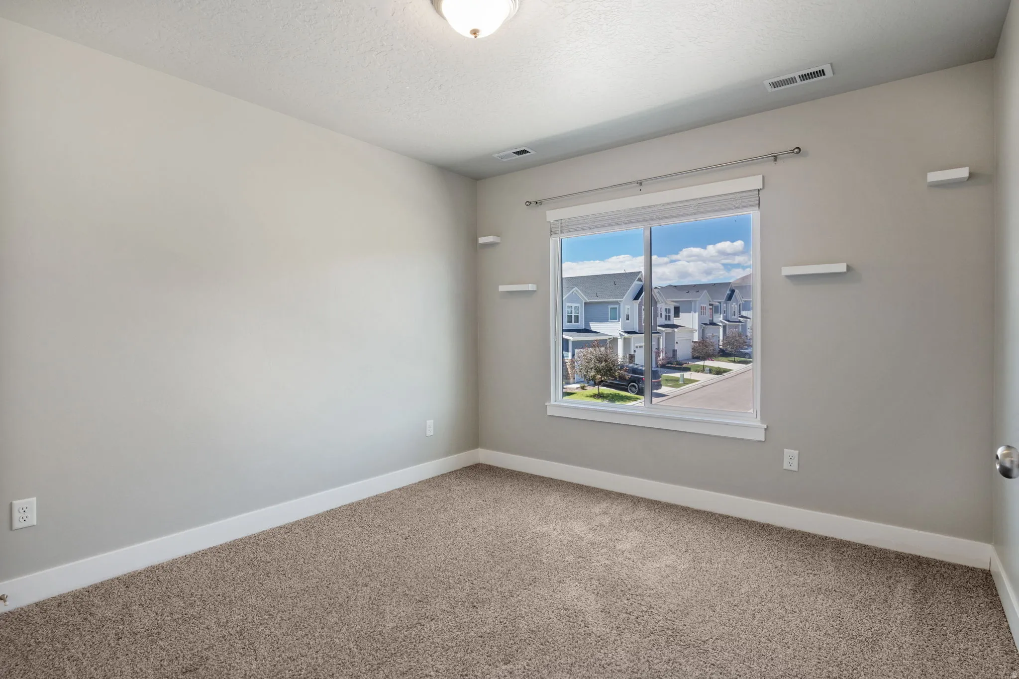 Carpeted room featuring a large window, neutral wall paint, white trim, and a ceiling light fixture