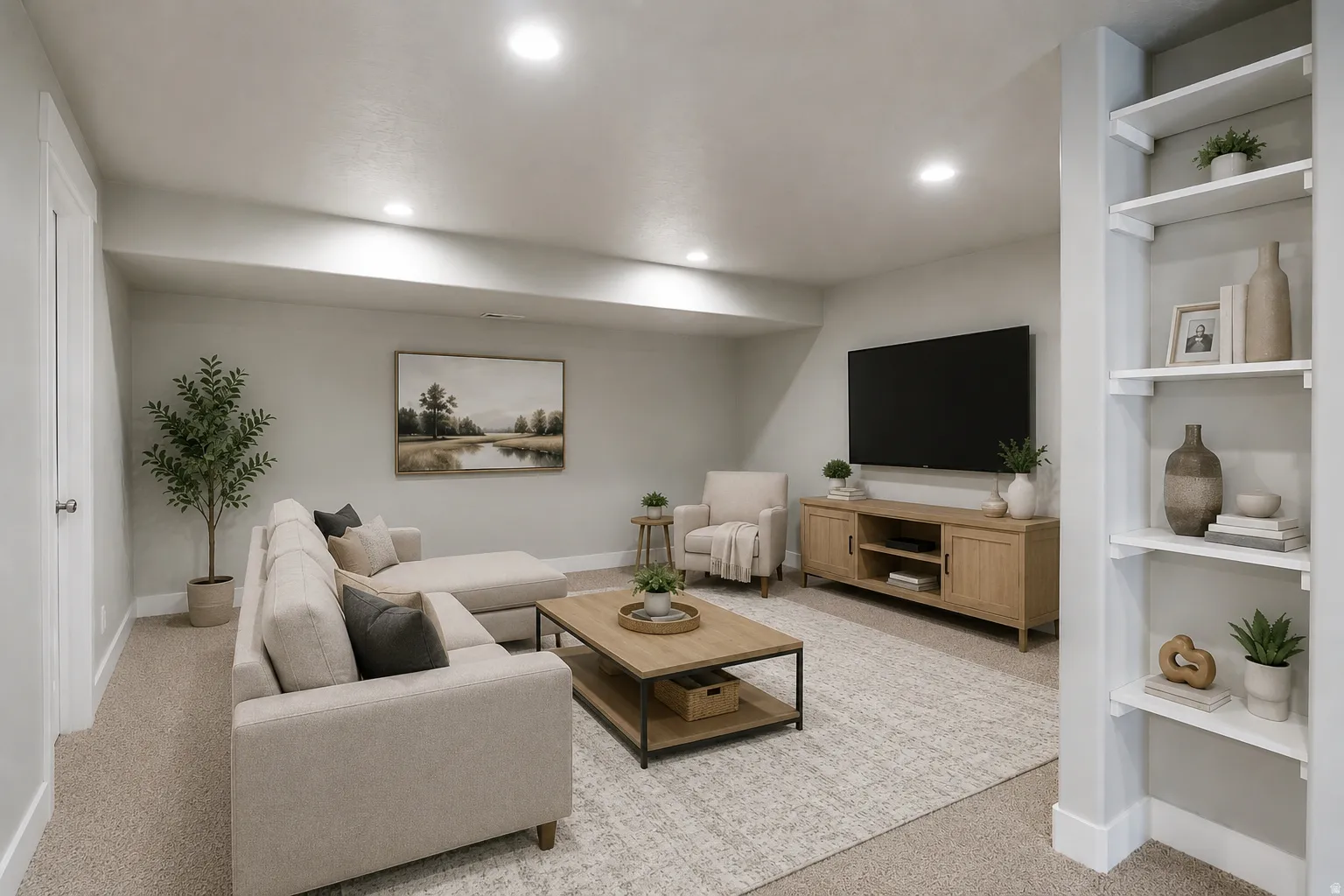 Spacious living area featuring recessed lighting, light-toned carpeting, built-in shelving, and a media console