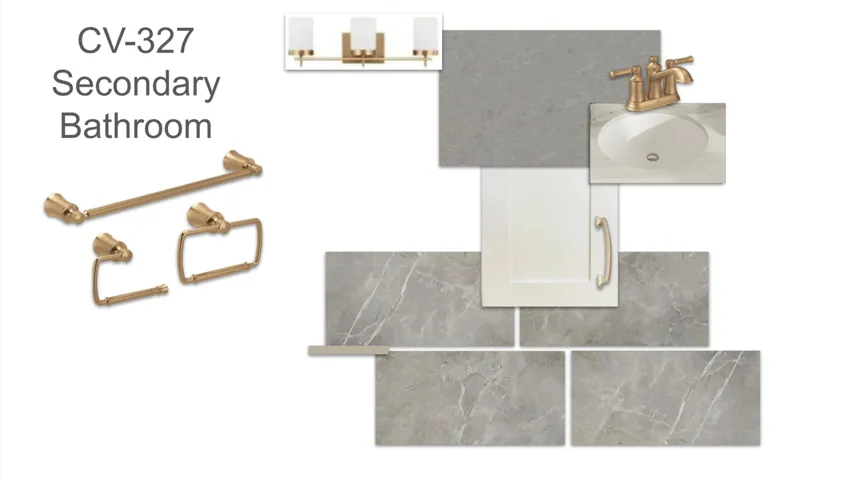 Design Board. Displaying material and fixture selections for the secondary bathroom