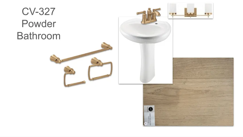 Design Board, Powder Bathroom CV-327. Illustrating material and fixture selections for the property's powder bathroom