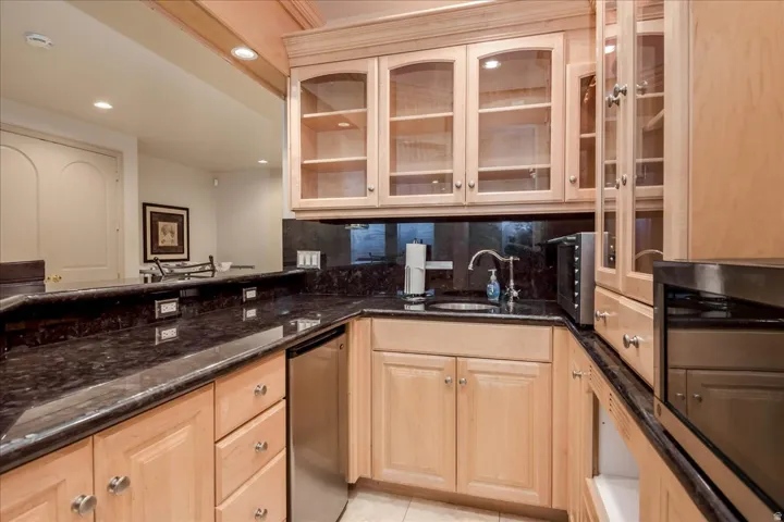 Kitchenette featuring light wood cabinetry with glass-front uppers, dark granite countertops, an undermount stainless steel sink, and a built-in stainless steel dishwasher