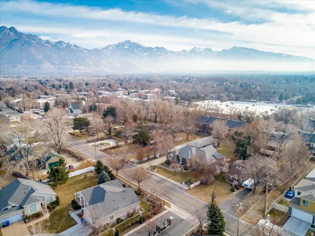 Aerial perspective showcasing a residential neighborhood with varied architectural styles