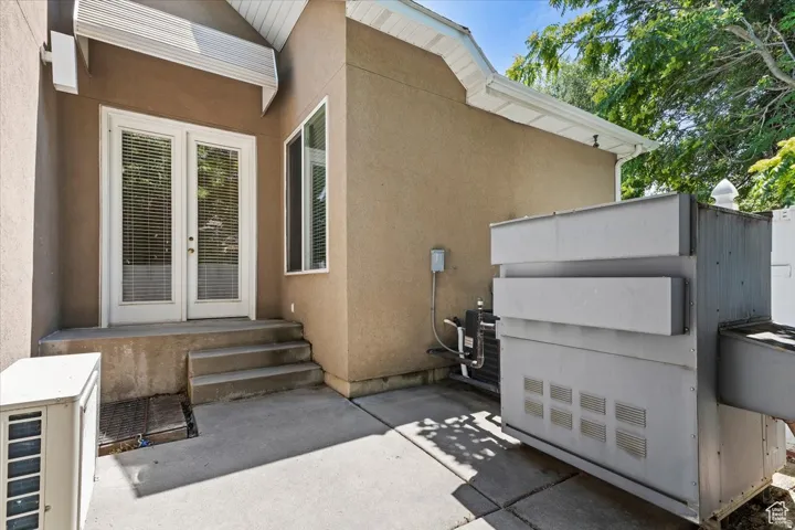 Patio area featuring double French doors with integrated blinds, a concrete landing, and two concrete steps