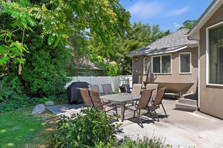 Spacious outdoor patio with concrete surfacing, ample room for seating, a terraced step entry to the residence, and mature perimeter landscaping