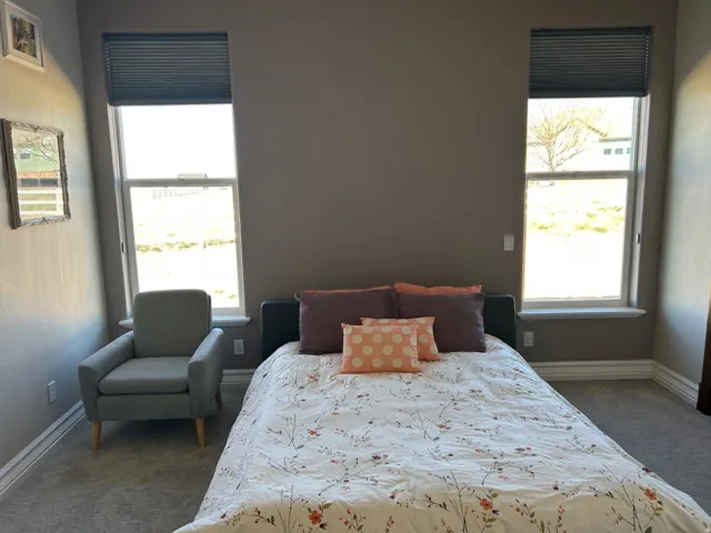 Bedroom featuring two tall windows with cellular blinds, neutral wall paint, and gray carpet flooring