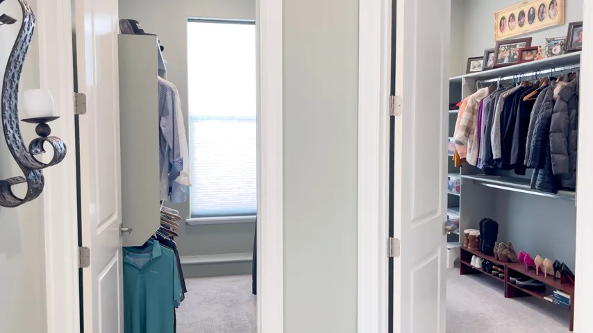 Two separate closet spaces featuring carpeted flooring and custom built-in shelving systems