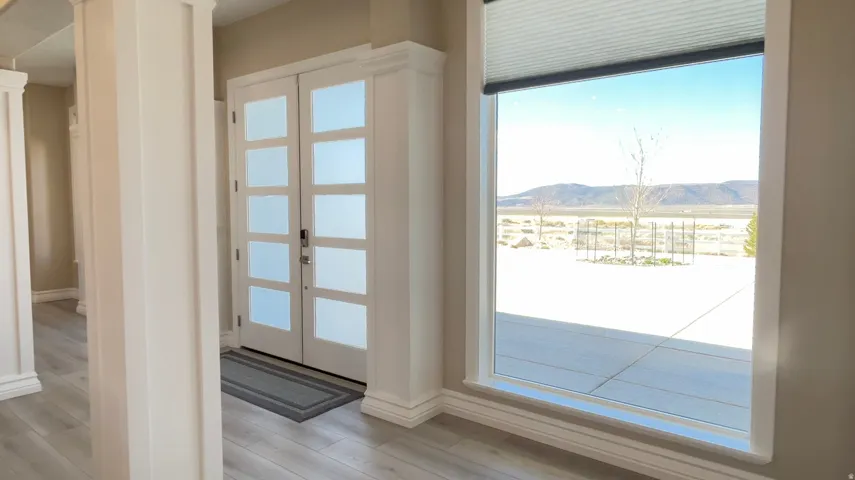 Entryway featuring double doors with frosted glass panels and light wood-finish flooring