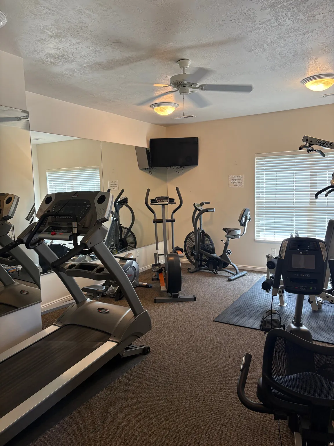 Clubhouse, Fitness center with carpet flooring, mounted flat-screen television, ceiling fan, and mirrored wall