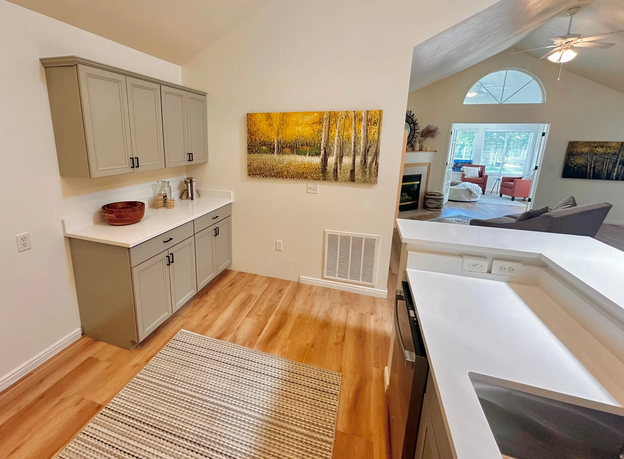 Kitchenette featuring light gray cabinetry with dark hardware, white countertops, and wood-finish flooring