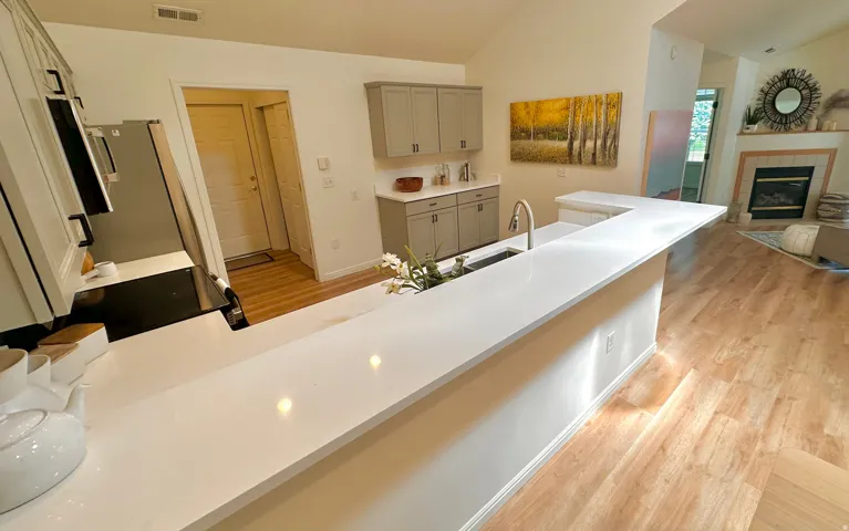 Kitchen featuring light wood-finish flooring, white countertops, a stainless steel sink with a gooseneck faucet, gray cabinetry, and a vaulted ceiling