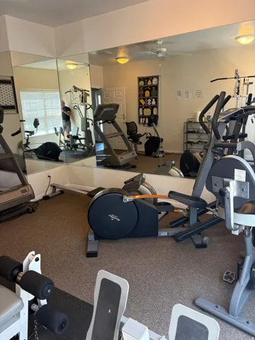 Clubhouse, Fitness center featuring full-wall mirrors and textured carpet flooring