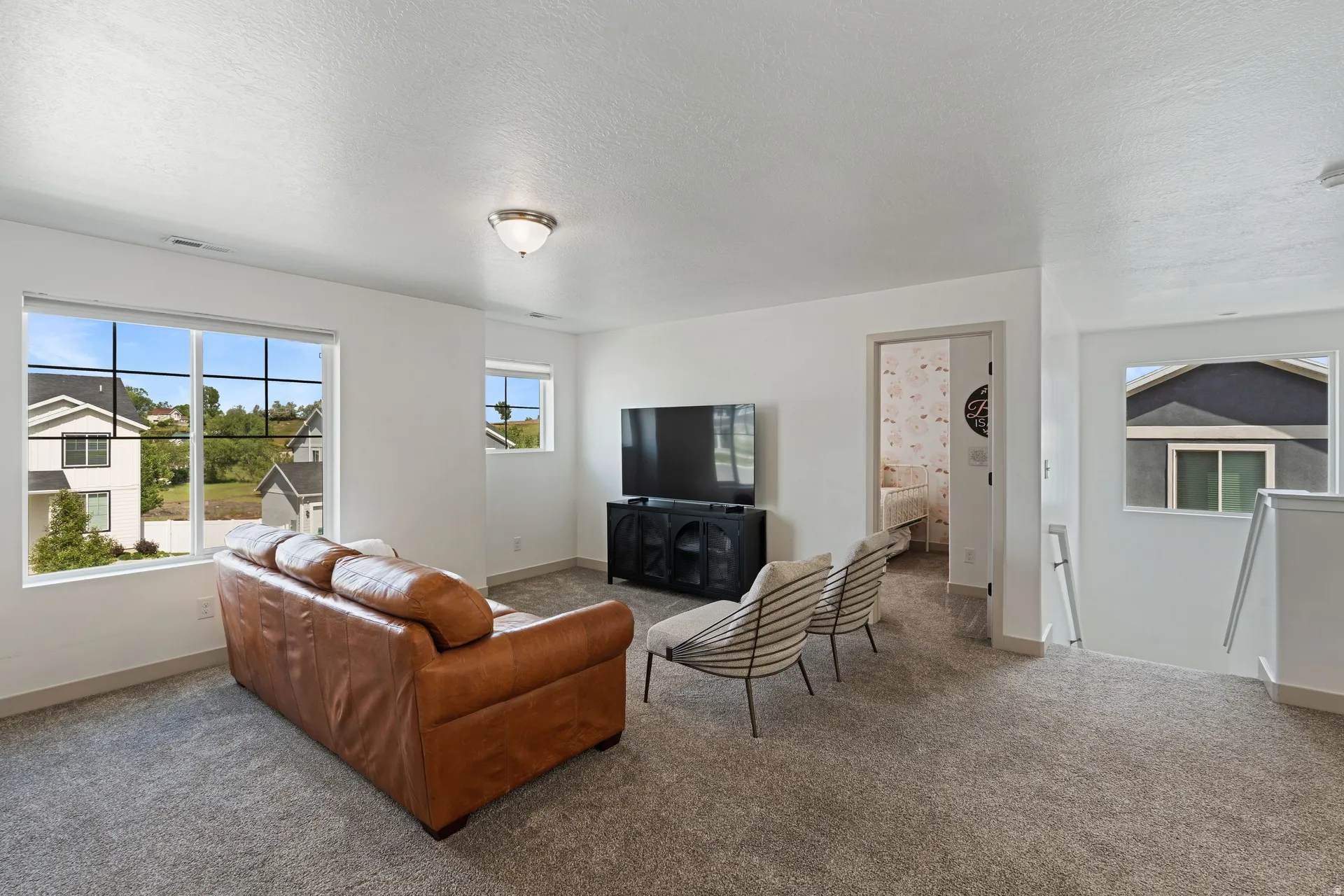 Carpeted living area featuring multiple windows, white walls, and a ceiling-mounted light fixture