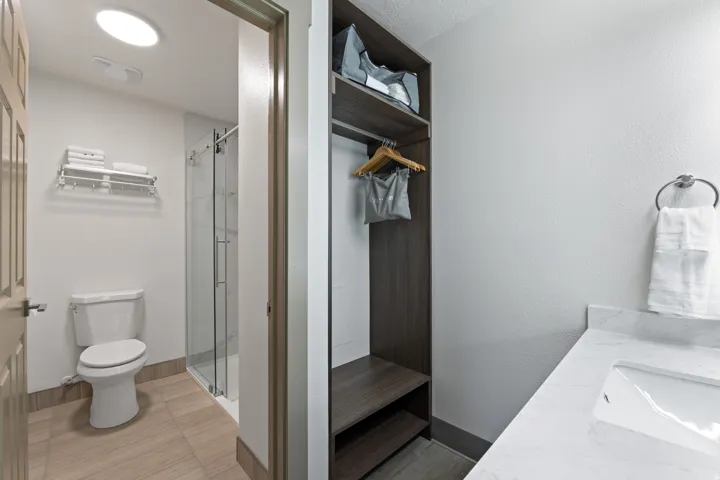 Bathroom featuring a walk-in shower with clear glass enclosure, a white toilet, and wood-finish flooring