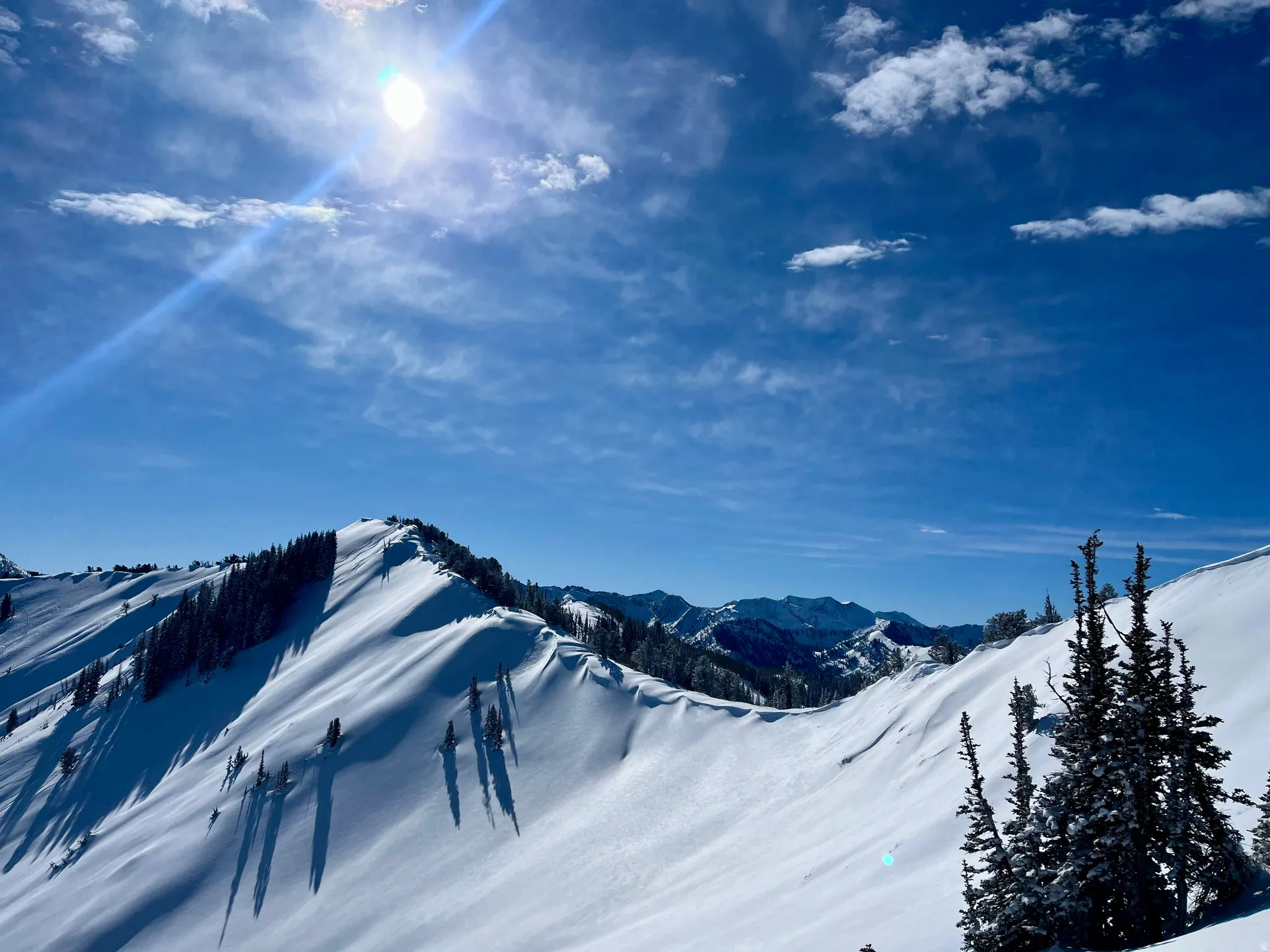 Snow-covered mountain range featuring a clear blue sky, distant peaks, and scattered evergreen trees