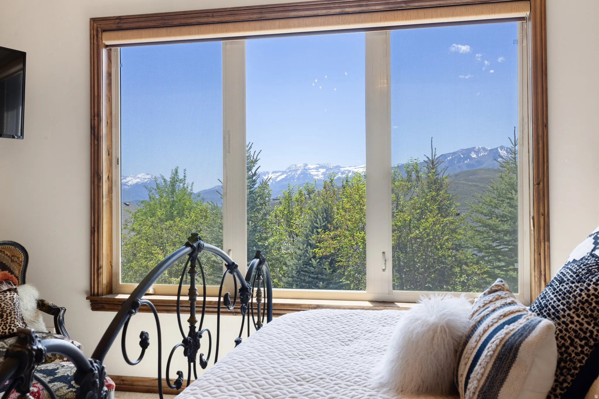 Large window featuring mountain and forest scenery, wood trim, and a built-in roller shade