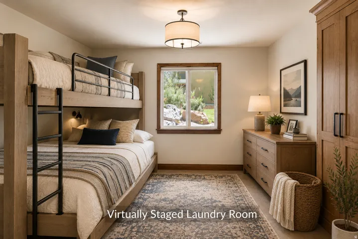 Built-in bunk beds with integrated lighting, wood-finish flooring, a window with exterior visibility, and a built-in storage cabinet with dark hardware