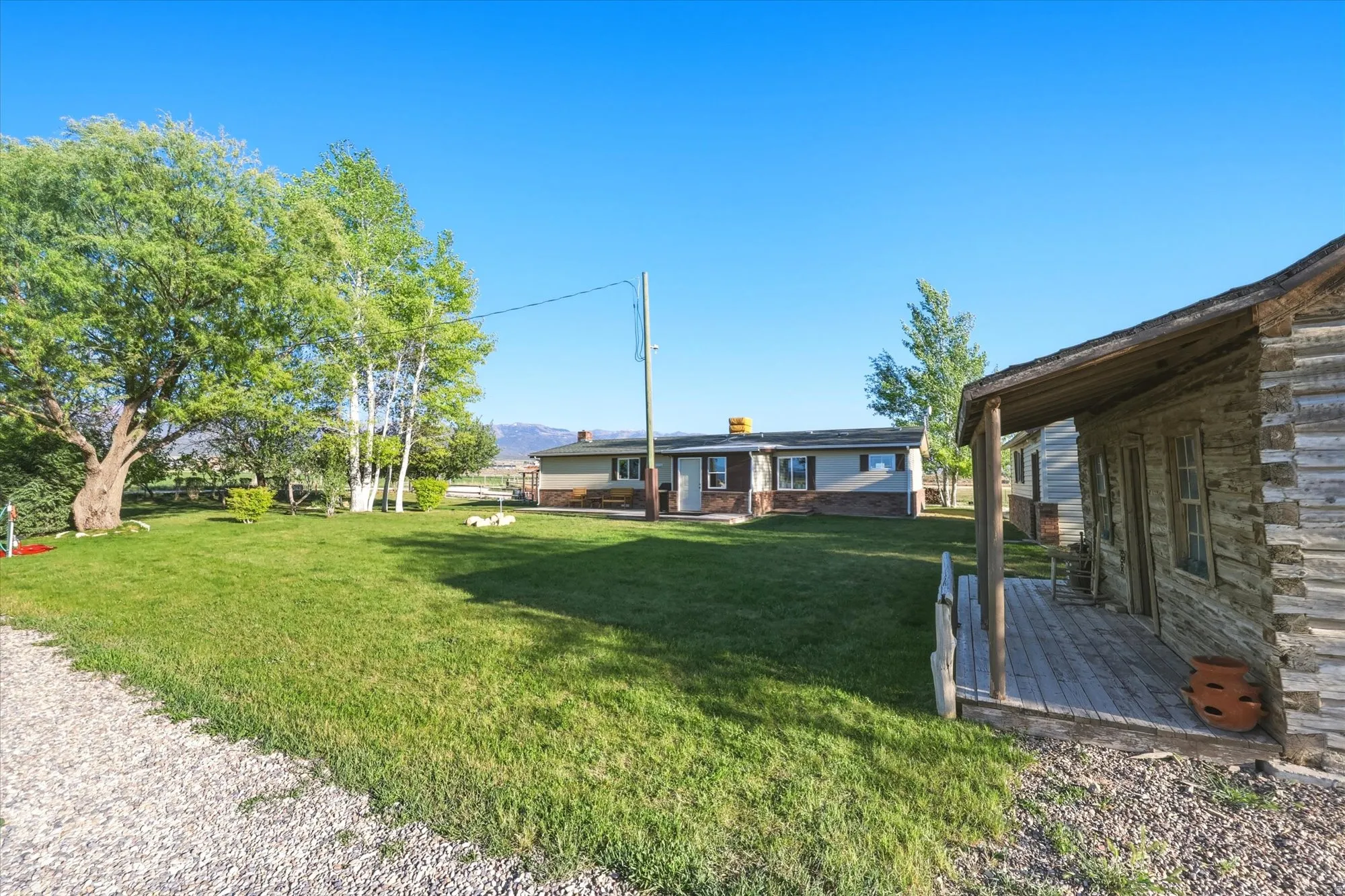 Expansive grass lawn with mature trees and a gravel driveway