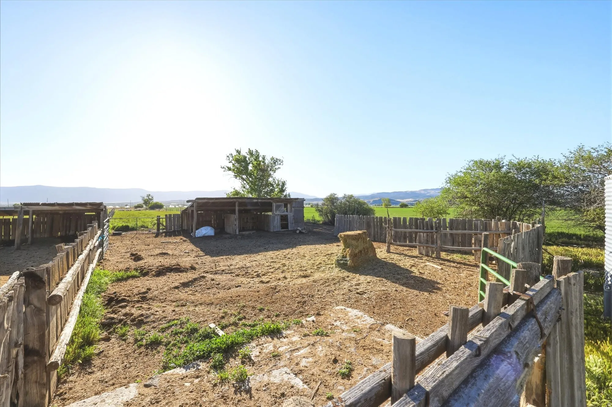 Expansive outdoor area featuring multiple wooden enclosures, two partially covered shelters, and a perimeter of natural wood fencing