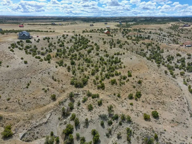 Expansive desert terrain with scattered shrubbery and distant structures