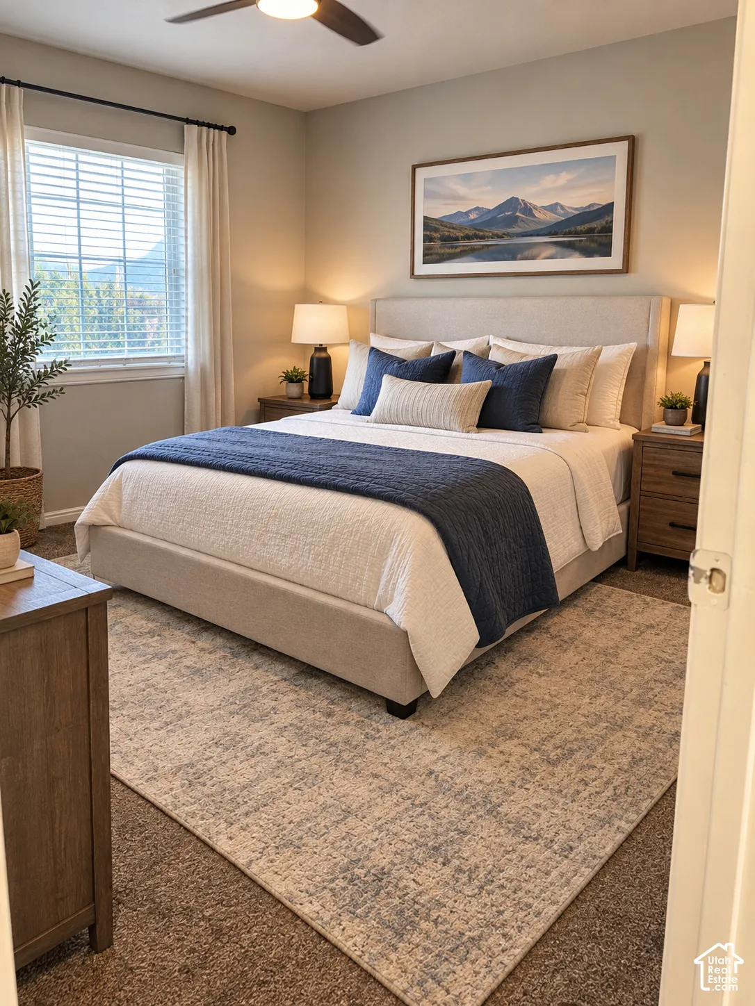 With AI's assistance this is what this bedroom features Neutral-toned interior featuring neutral wall paint, a multi-pane window with white horizontal blinds, and a ceiling-mounted fan with light fixture