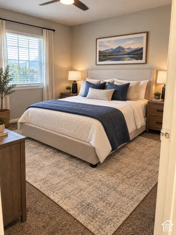 With AI's assistance this is what this bedroom features Neutral-toned interior featuring neutral wall paint, a multi-pane window with white horizontal blinds, and a ceiling-mounted fan with light fixture