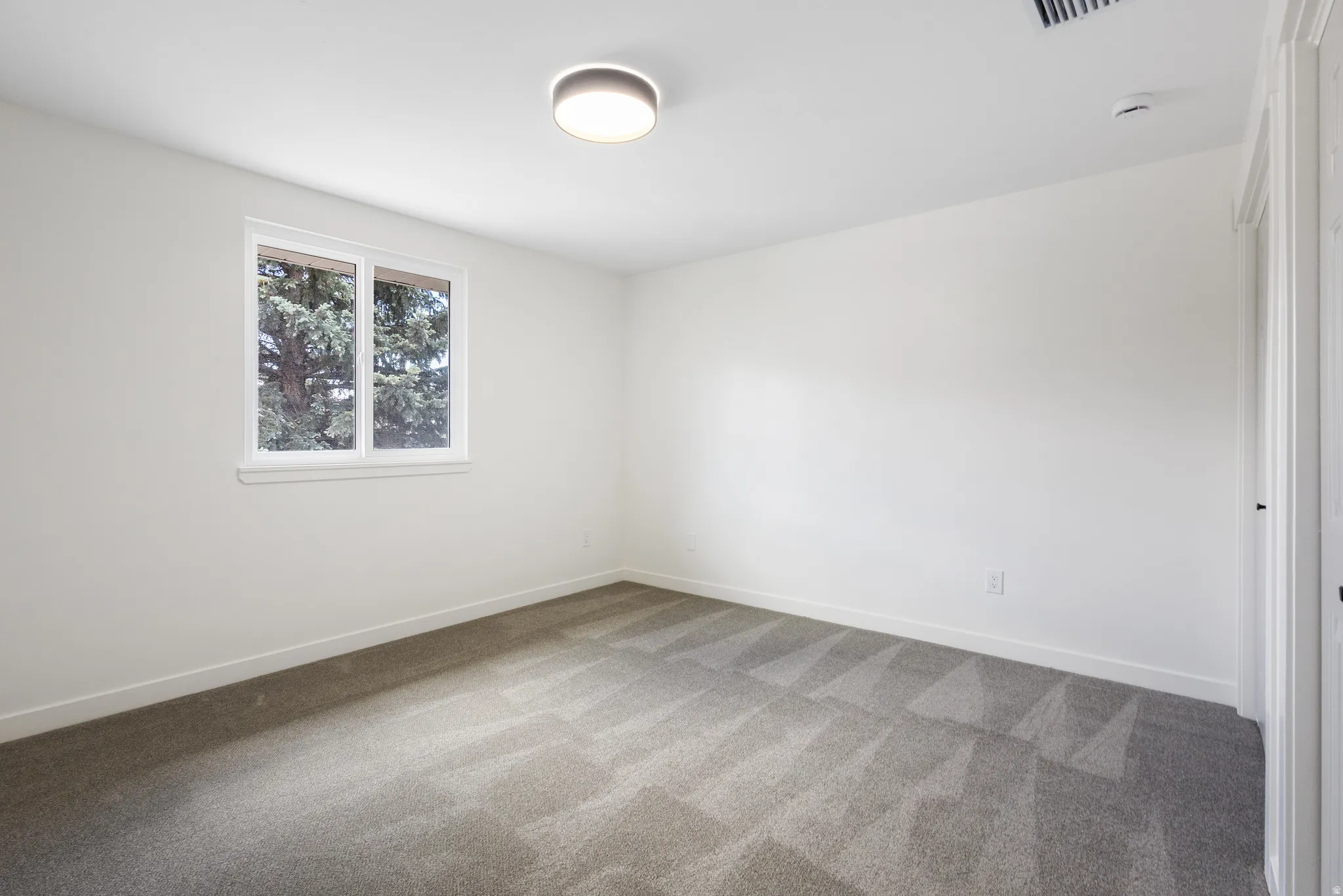 Bright interior room with a window, modern ceiling light fixture, wall-to-wall carpeting, white baseboards, and neutral wall finishes