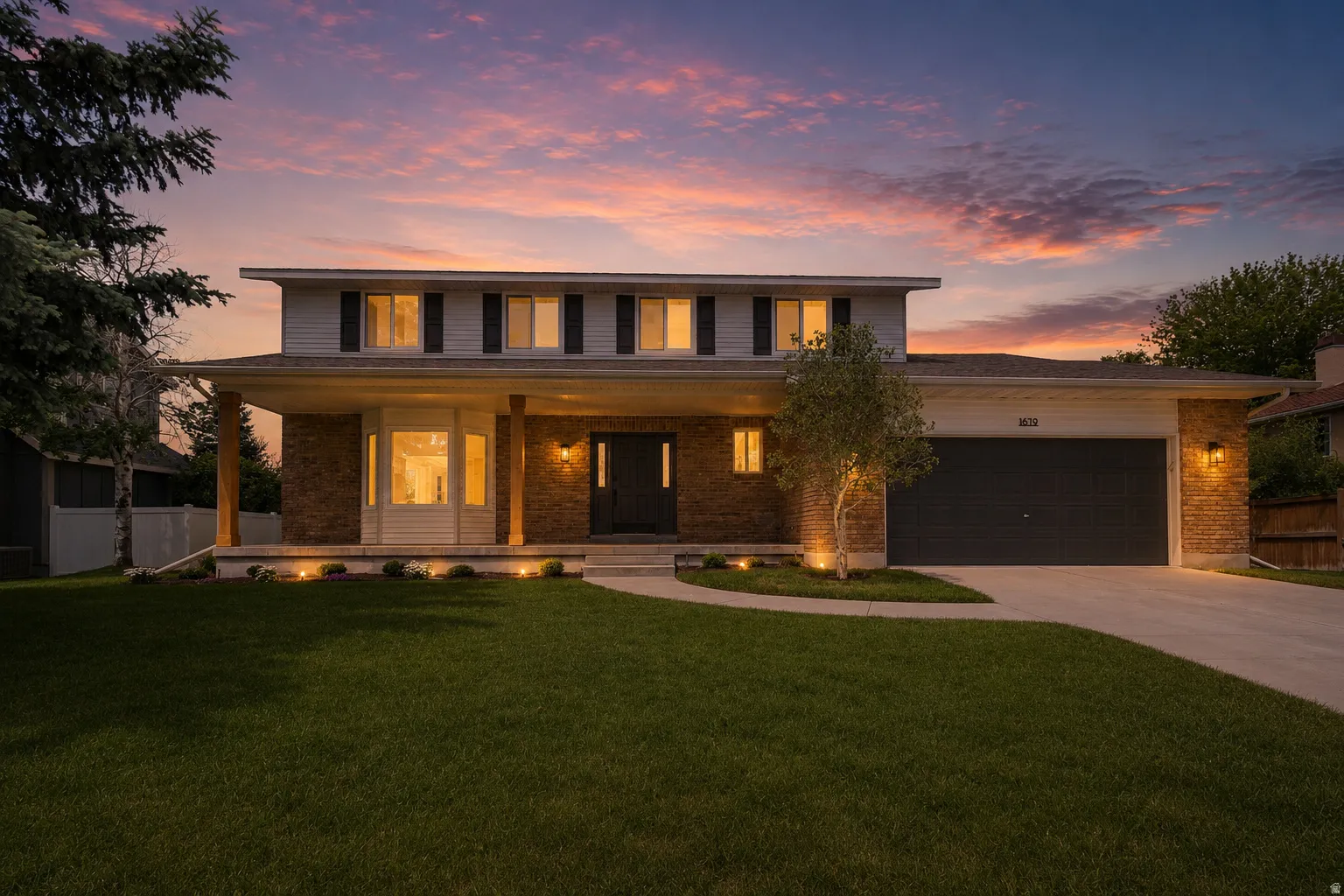 Two-story home featuring brick and siding facade, a covered front porch with wood-finish columns, a two-car garage, and established landscaping with accent lighting