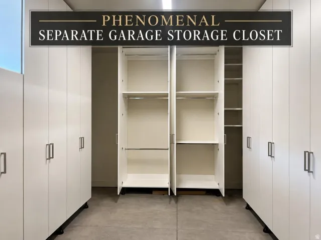Integrated storage closet with multiple shelving units and hanging rods