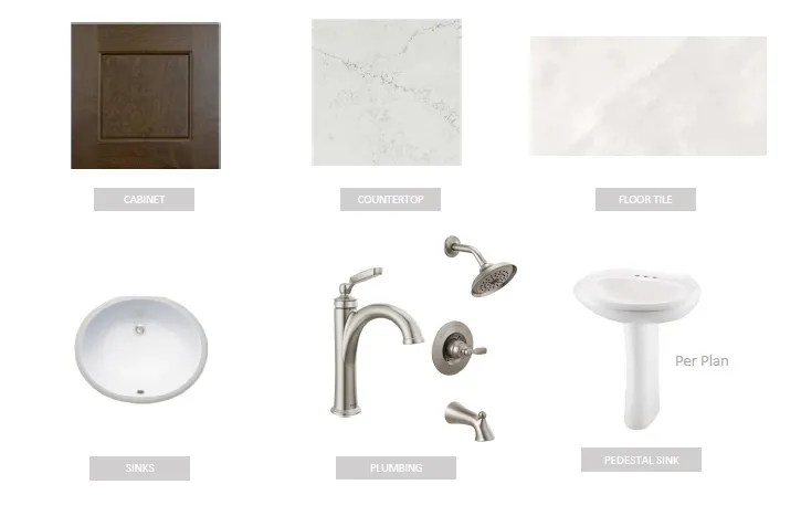 Material Selection Document. Displaying cabinet, countertop, floor tile, sinks, plumbing, and pedestal sink for the property