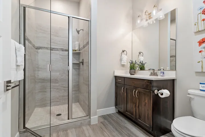 Full bathroom featuring a glass-enclosed shower with tile surround and an integrated niche, a dark wood-finish vanity with a light-toned countertop, a rectangular mirror, and wood-finish flooring