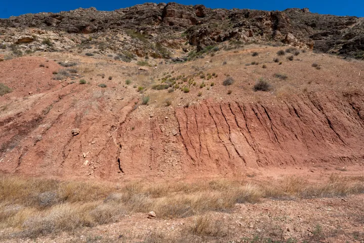 Sloping desert terrain featuring red soil erosion patterns, sparse dry grasses, and a rocky upper bluff