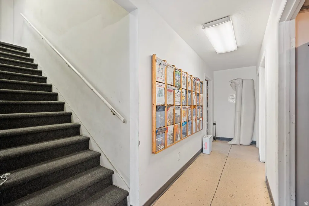 Carpeted staircase with a white handrail, leading to an upper level