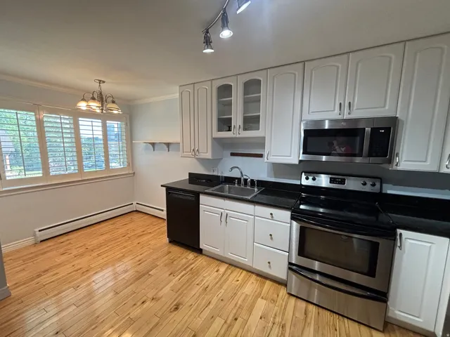 Kitchen featuring light wood-finish flooring, white cabinetry, dark countertops, and stainless steel appliances