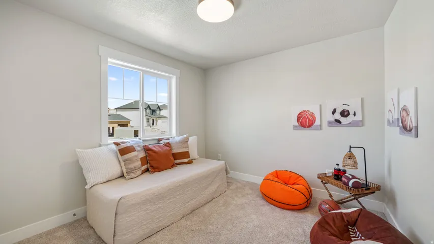 Neutral wall paint, plush carpet, and a prominent window with white trim