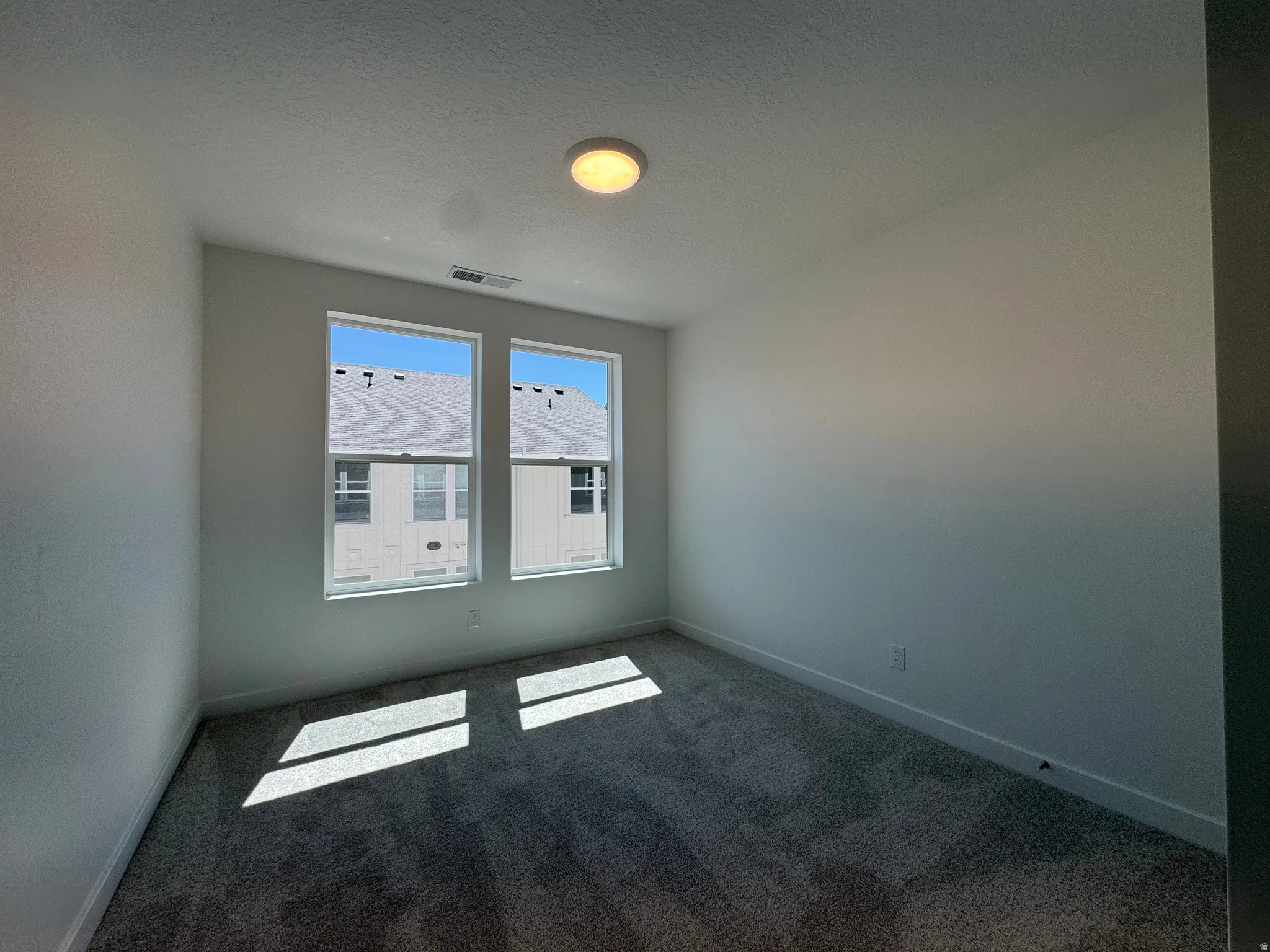 Dual windows providing ample illumination, plush carpet flooring, white painted walls, white baseboards, and a ceiling-mounted light fixture