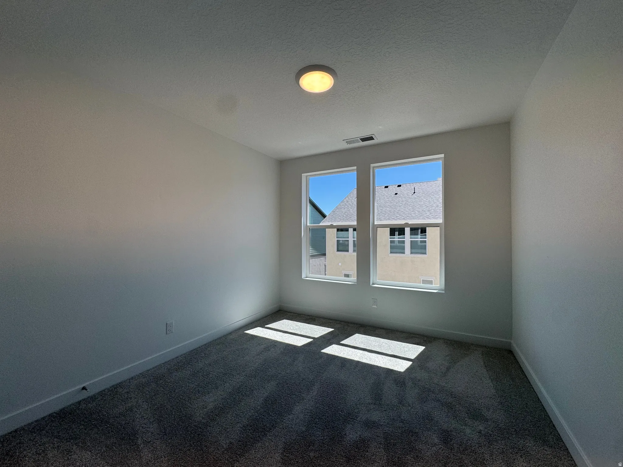 Room featuring neutral-toned walls, gray patterned carpet, and two double-hung windows providing natural light