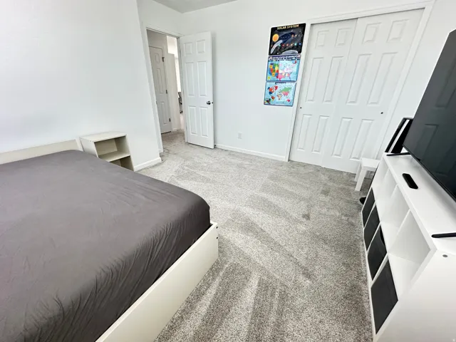 Plush gray carpeting throughout, featuring white paneled closet doors, white walls, and a white interior door with a silver-tone knob