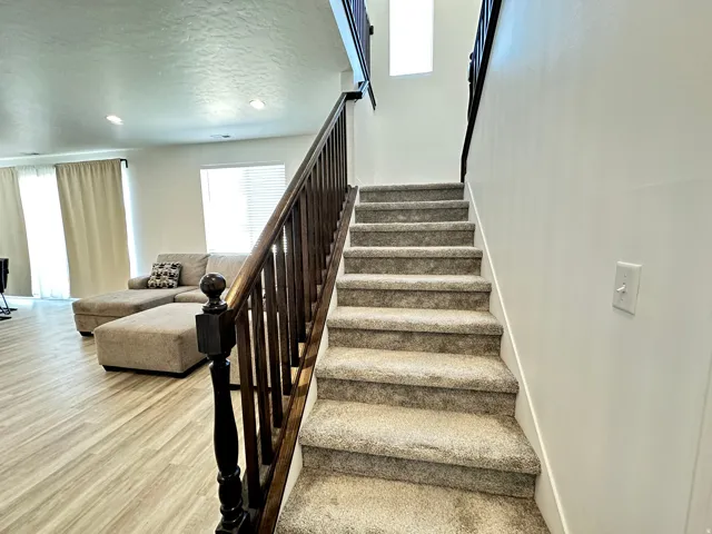 Carpeted staircase with dark wood-finish balusters and handrail, featuring light wood-finish flooring in the foreground