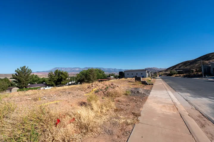 Expansive undeveloped lot featuring natural vegetation, a clear blue sky, and distant mountain ranges