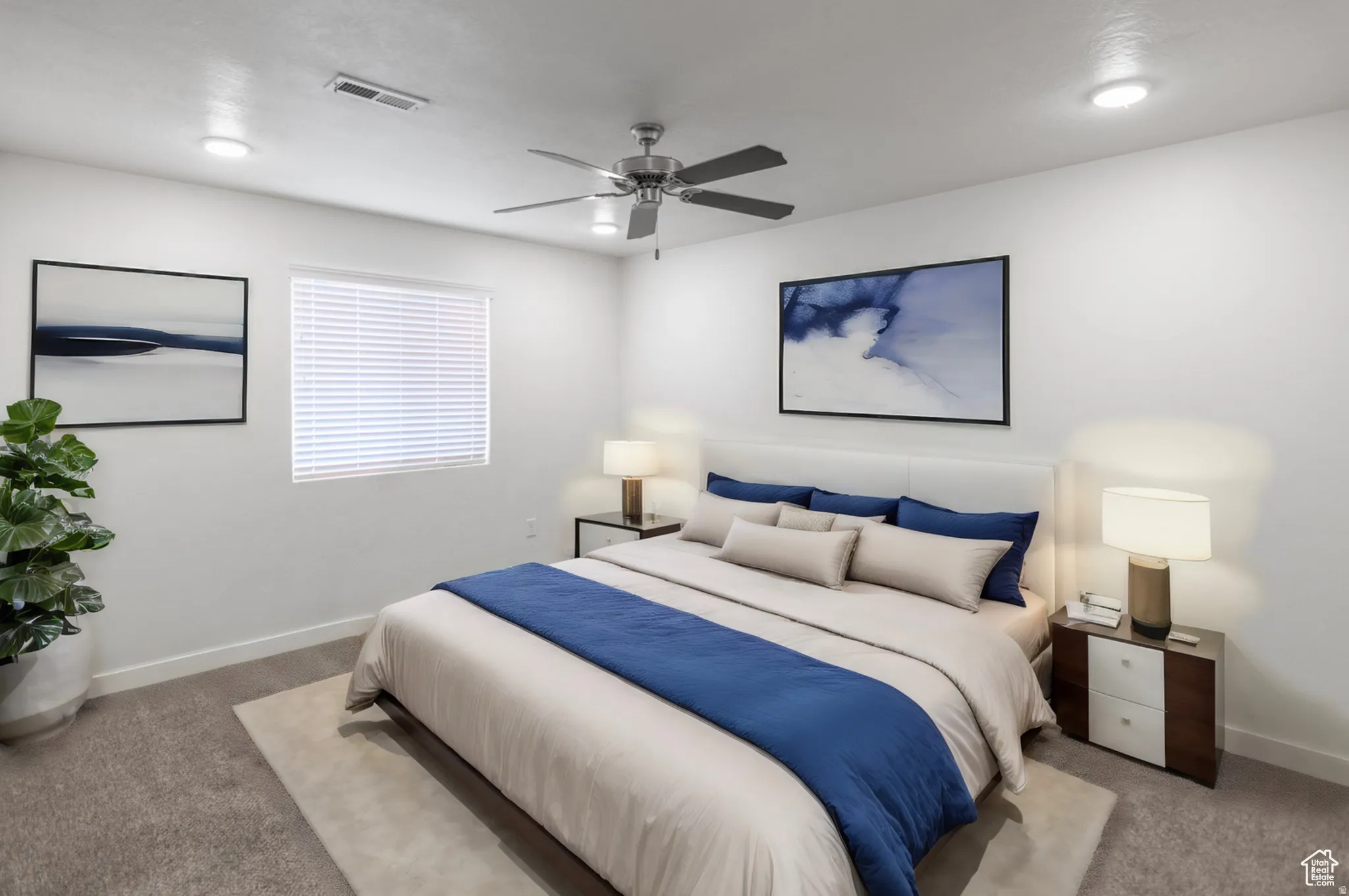 Bedroom featuring a ceiling fan, recessed lighting, white window blinds, and gray carpeting
