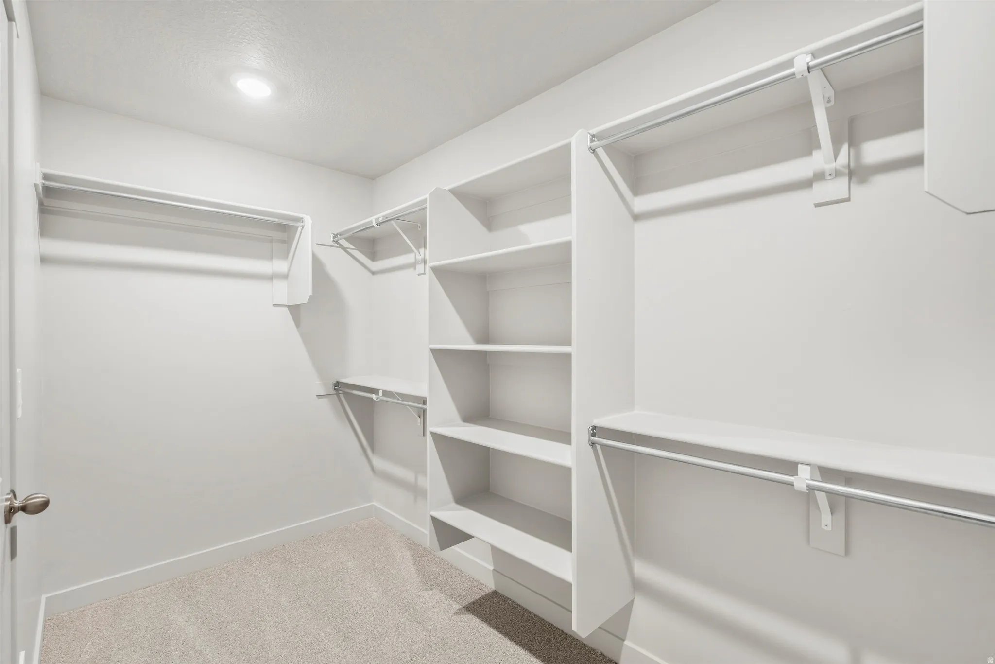 Walk-in closet featuring light-colored carpeting, white walls, built-in shelving, and multiple hanging rods