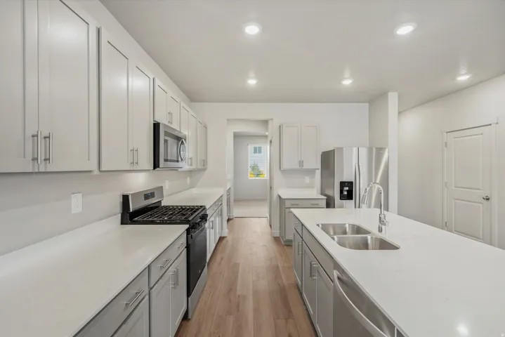 Modern kitchen featuring light gray cabinetry, stainless steel appliances, and light wood-finish flooring
