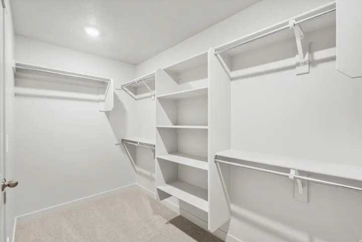 Walk-in closet featuring light-colored carpeting, white walls, built-in shelving, and multiple hanging rods