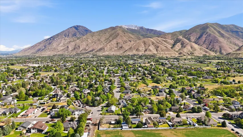 Expansive aerial perspective showcasing a residential area with mature tree coverage and mountainous terrain in the background