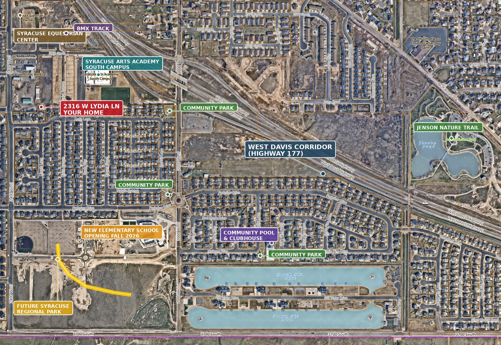 Aerial Map showing proximity to multiple parks and amenities