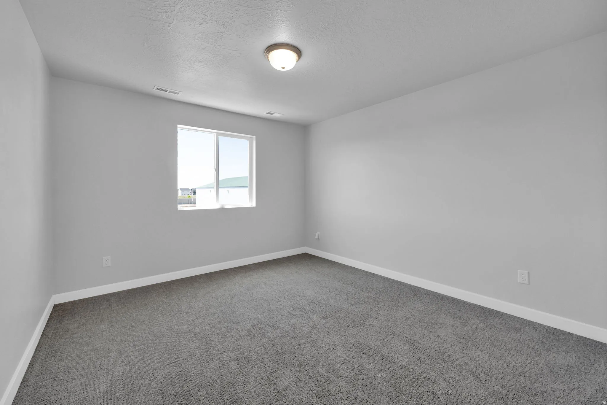Room featuring a large window, neutral gray walls, gray carpeting, white baseboards, and a flush mount ceiling light