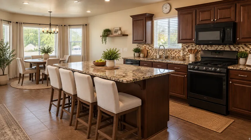 Kitchen featuring dark wood-finish cabinetry, granite countertops, and a mosaic tile backsplash