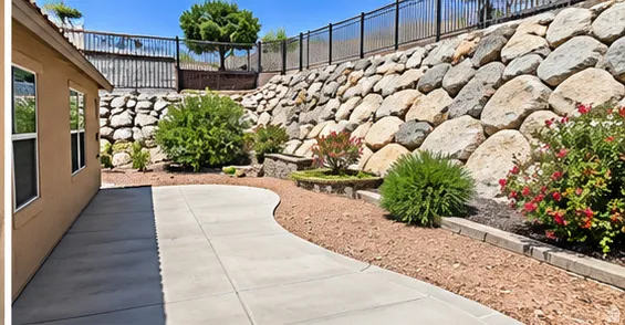 Paved patio with a winding pathway, surrounded by decorative landscaping and a rock retaining wall