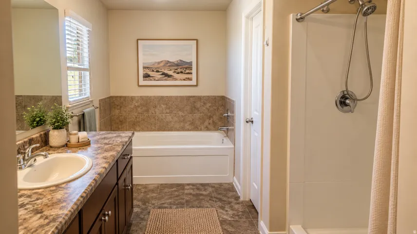 Full bathroom featuring a single vanity with dark wood-finish cabinetry, a white drop-in sink, and a multi-tone countertop