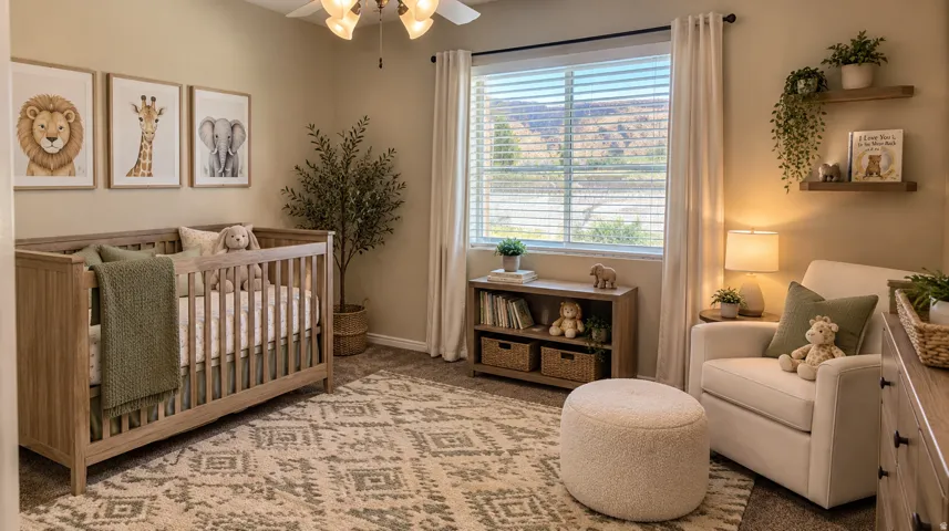 Wall-to-wall carpeting with a decorative area rug, a built-in ceiling fan with light fixture, and a window with blinds and drapes